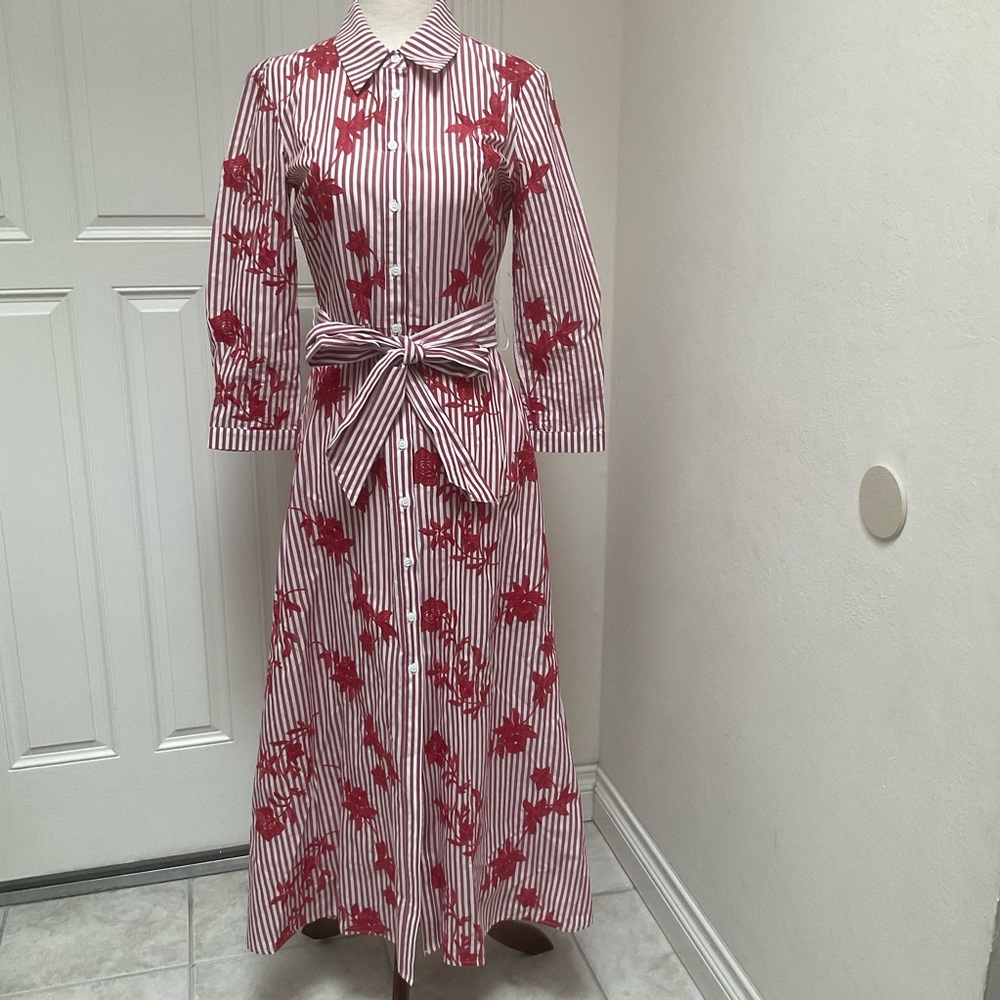Zara Striped Embroided Dress Red  Midi XSmall - Picture 2 of 15